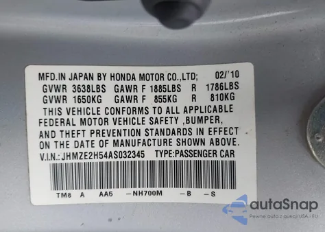 2010 Honda Insight Lx z USA, uszkodzony, nr VIN JHMZE2H54AS032345